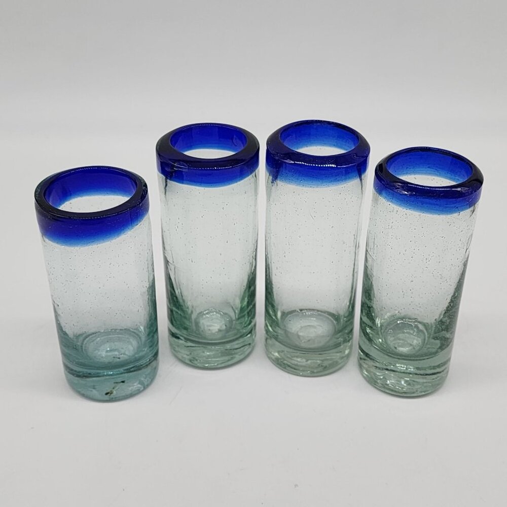 Mexican Hand Blown Blue Rim Glass Shot Glasses Mismatched Vintage